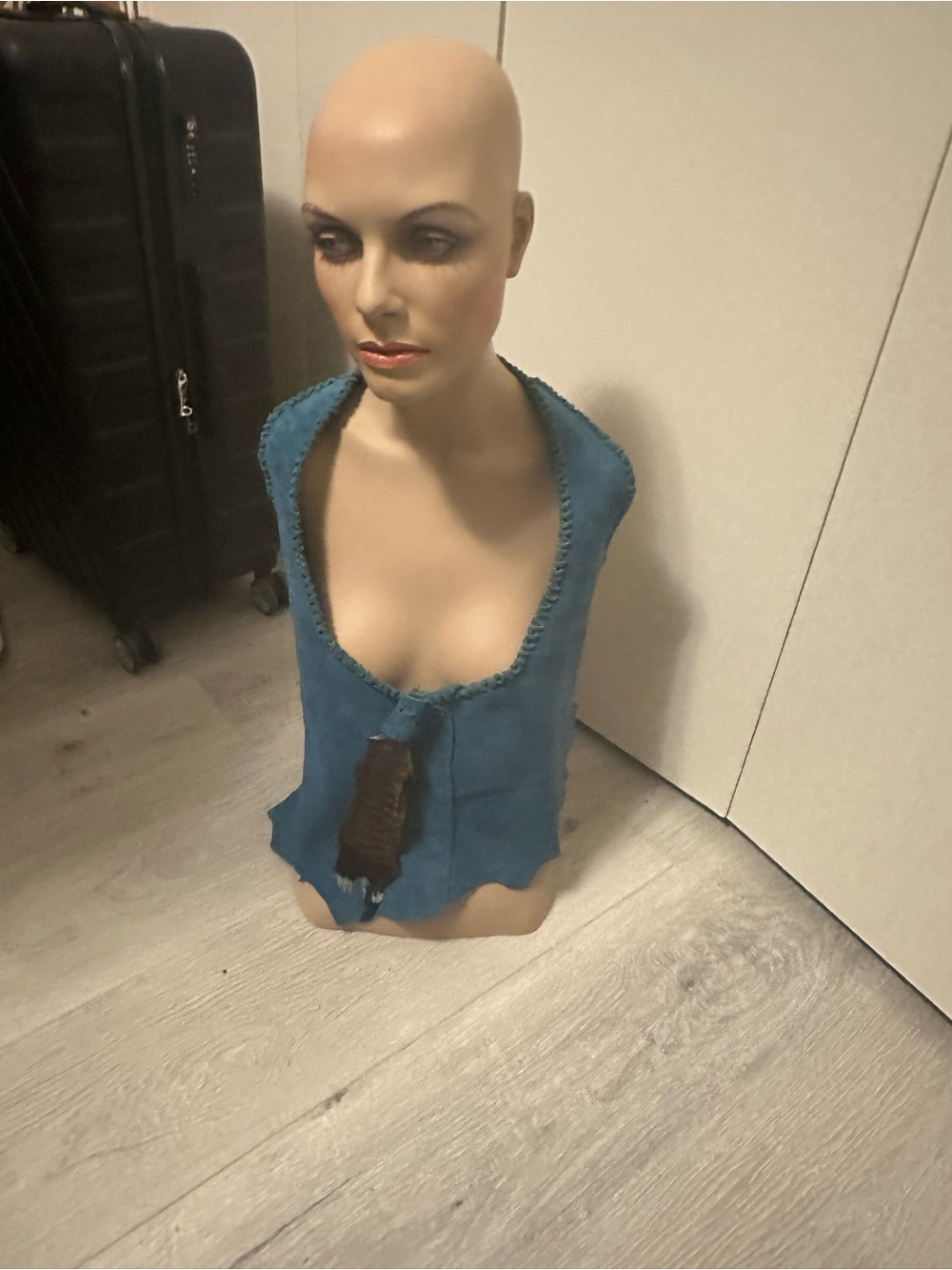 Hand Crafted Blue Read Suede Halter top with feather accents. size S/M